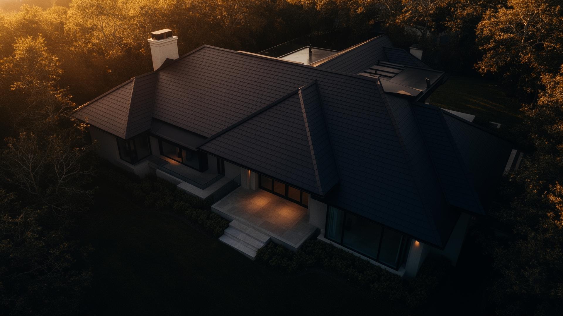 Aerial view of a luxury home with new dark architectural shingle roof